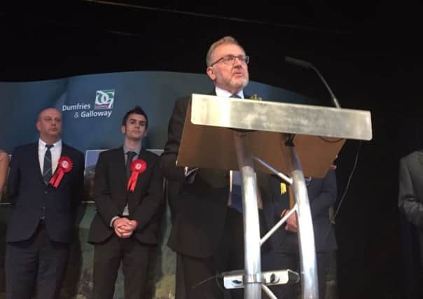 Conservative  David Mundell addresses the crowd at the Dumfriesshire, Clydesdale and Tweeddale count, after retaining his seat.