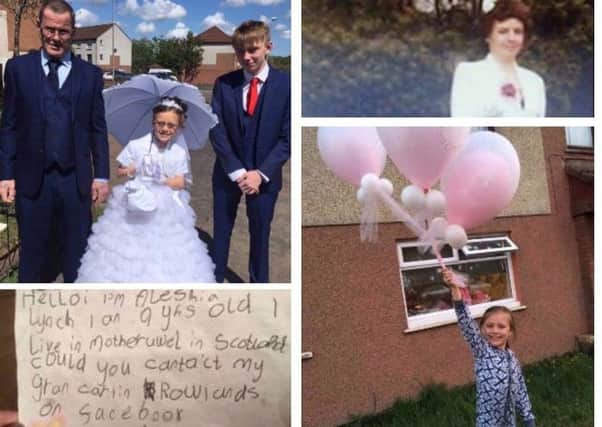 (clockwide from top left) Aleshia Lynch with her grandfather Scott and brother Ian in her first Communion dress, her great-grandmother Cathy Cowan, setting off the ballons and her note with was found by Shona Taylor