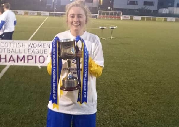 Joanne Morrison celebrates after winning the SWFL Division One Cup with Cumbernauld Colts