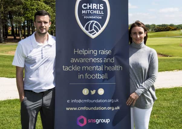 Jamie Murphy and Laura Mitchell promote the Chris Mitchell Foundation at the SPFL Trust Golf Day to raise funds for Mental Health First Aid Training