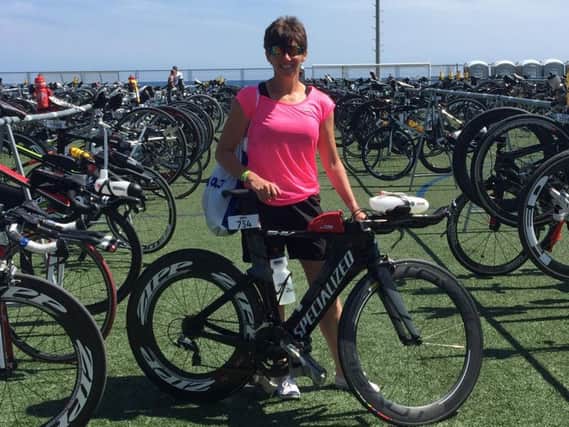 Shona Girdwood is pictured in Barcelona the day before the race, racking her bike in the transition area (Submitted pic)