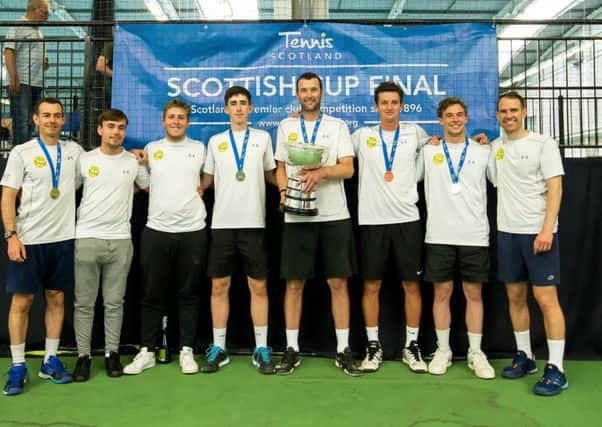 Thorn Park Tennis Club with the Scottish Cup after their final victory over Giffnock (pic by Tennis Scotland)