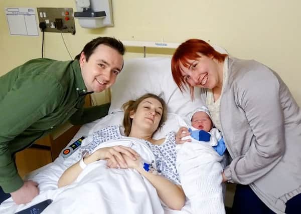 Katy-Anne and John McGlade with baby Grayson and Sarah Holder. Pic: SWNS