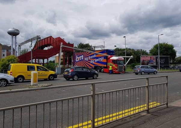 Lorry was trapped on level crossing in Motherwell after crashing into height barrier. Pic courtesy of Ewelina Nicole Kerber