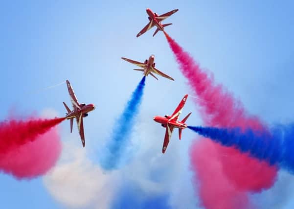 The Red Arrows, the RAF's world-famous aerobatic display team, in the skies above East Lothian. Picture: Jane Barlow