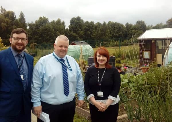 Motherwell West councillors Paul Kelly and Meghan Gallacher with John Murray of the Greenlink Allotment Team