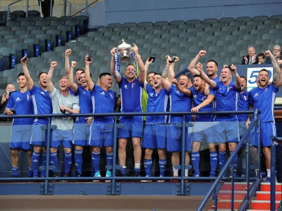 Colville Park players celebrate their 2017 Scottish Amateur Cup final victory at Hampden Park (Pic by Alan Watson)