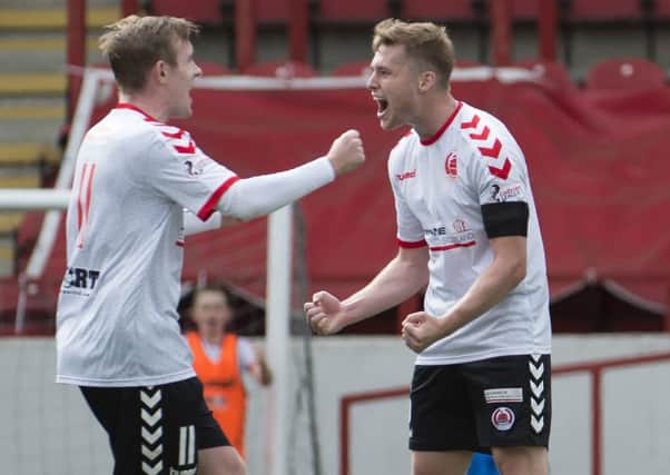 Darren Ramsay and scorer Barry Cuddihy celebrate Clyde's opener (pic by Craig Halkett)