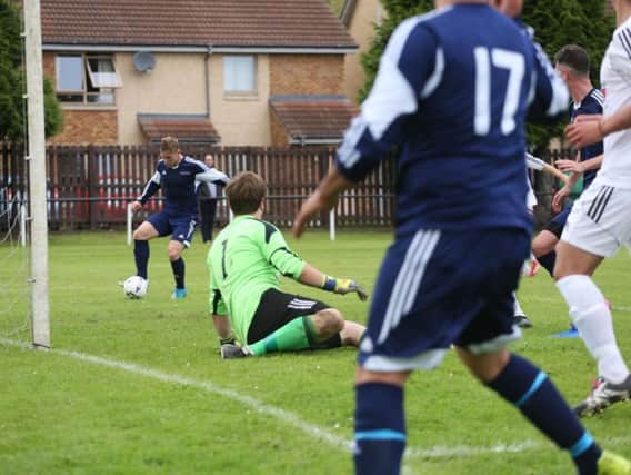 Alex Clearie is about to rattle in Colville Park AFC's seventh goal at Burntisland Shipyard (Pic by David Cruickshanks)