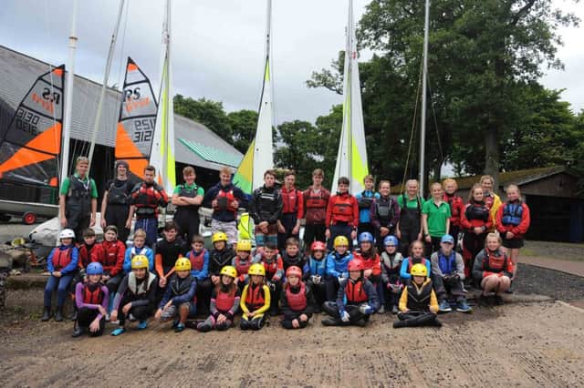 Bardowie Loch. Junior Regatta Sailing competition. Competitors and volunteers before the start.
