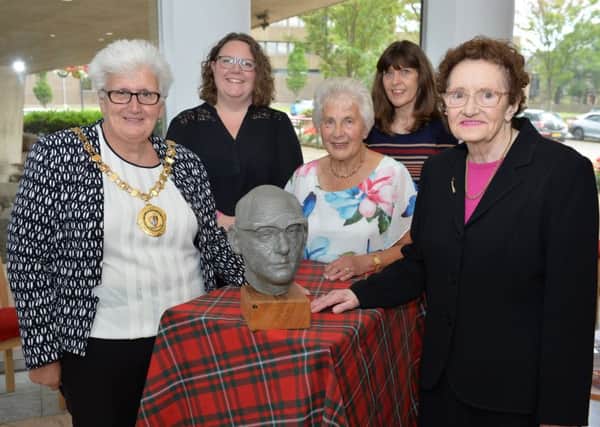 Pictured with the bust of Hutchison Sneddon are (l-r) North Lanarklshire provost Jean Jones, Culture NL chairwoman Heather McVey, Richard Marshalls wife Jean, Culture NL  chief executive Jillian Ferrie and Hutchison Sneddons wife Elizabeth