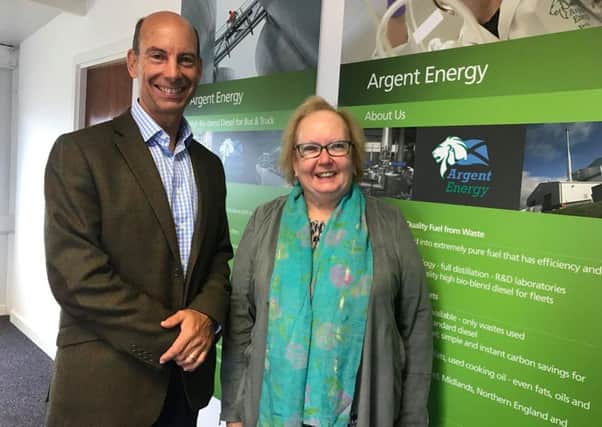 Argent Energy's director of corporate affairs Dickon Posnett welcomes  Motherwell and Wishaw MP Marion Fellows to the factory