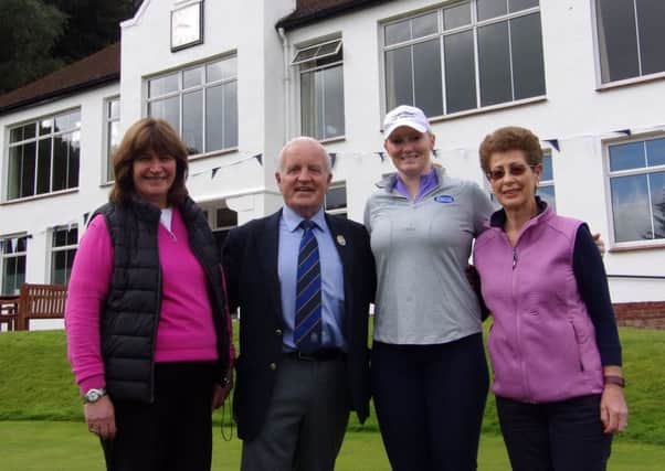 Welcome to Douglas Park - Kylie Henry with John M Watson OBE and Club Secretary Ann Scott (left) and Ladies Captain Christina Graham (right)