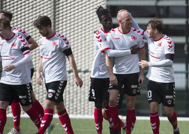 Clyde celebrate Kevin Nicolls equaliser against Stenhousemuir on Saturday.