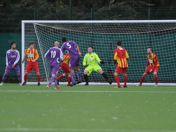 Darren Ferguson nets Thorniewood United's first goal at Rossvale (Pics by Jamie Forbes)
