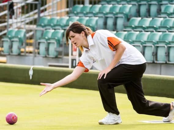 Kirsty Rowatt shows off the fine bowling technique which has helped her win seven ladies titles at Motherwell Miners Bowling Club (Pic by Rob Eyton-Jones)