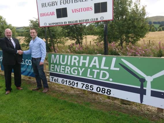 Peter Marshall of Muirhall Energy is pictured with Peter McDonald of Biggar Rugby Club (Submitted pic)