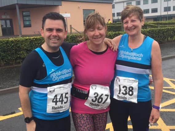 Kikrintilloch Olympians Conor Woods (left), Gillian Phillips (centre) and Pauline Younger (right) at North Ayrshire 10K (pic by Andrew Phillips).