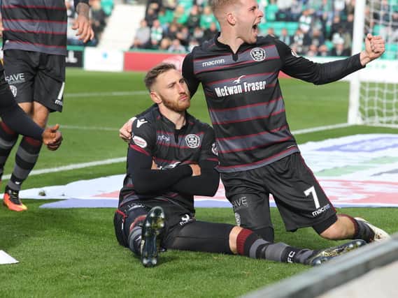 Louis Moult celebrates scoring one of his double in the 2-2 draw at Hibs (Pic by Ian McFadyen)