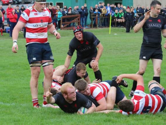 Andrew Orr touches down to score for Biggar against Peebles on Saturday (Pic by Nigel Pacey)