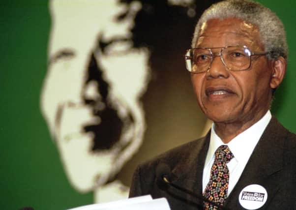 Nelson Mandela (then) President of the African National Congress, at a reception in Glasgow City Chambers to receive the freedom of nine UK cities in October 1993.