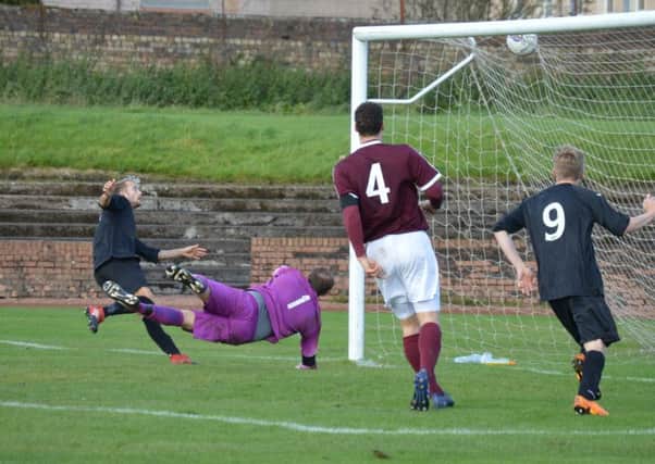 Gary Giffin nets Rossvale's second goal at Shotts (pic by Helen Templeton)