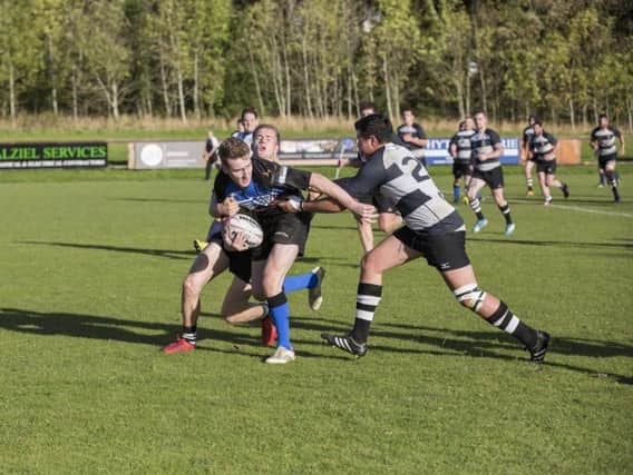 Dalziel Rugby Club try and make inroads during last Saturdays 29-20 home defeat by Perthshire which sent the Motherwell side into the relegation zone (Pic by Karen Gordon)