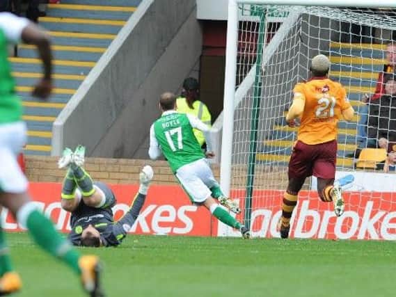 Martin Boyle wheels away after scoring Hibs' winner (Pic by Angie Isac)