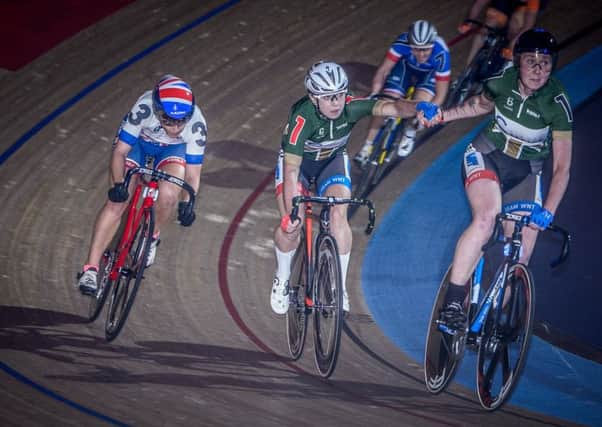 Katie Archibald (right) on her way to winning the London Six Day (pic by Drew Kaplan)