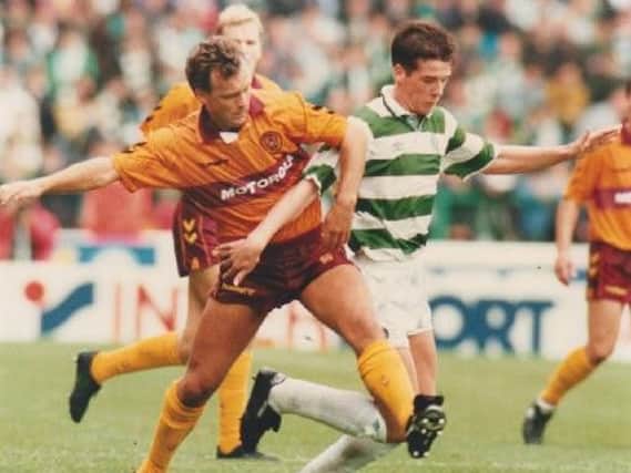 The late, great Davie Cooper battles for possession against Celtic's Brian O'Neill during a league match at Fir Park in the early 1990s