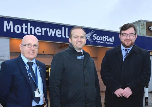Pictured at Motherwell stations are, from left: John Malley, Station Team manager, Peter OConnell, head of Station and Retail Development with Scotrail, and North Lanarkshire Council Depute leader, Councillor Paul Kelly.
