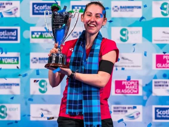 Bothwell badminton ace Kirsty Gilmour with Scottish Open Grand prix womens singles trophy (Pic by Ross Eaglesham)