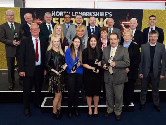 Councillor Jim Logue (front row, first left) is pictured with some of the 2017 inductees into the North Lanarkshire Sports Hall of Fame