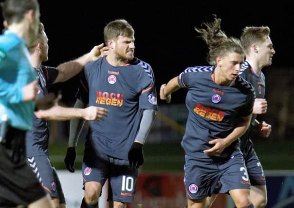 David Goodwillie celebrates his goal at Elgin, but it wasn't enough for Clyde (pic by Robert W Crombie).