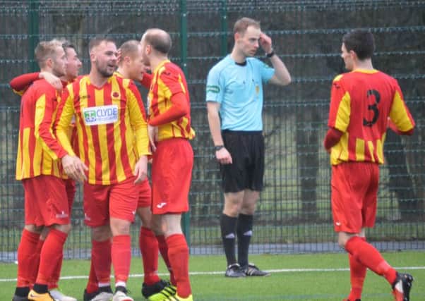 Rossvale celebrate one of Stephen McGladrigan's goals against Forth (pic by Helen Templeton, @dibsy_)