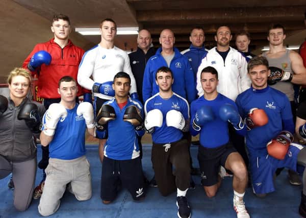 Nathaniel (front centre) with the Scotland squad during a recent training trip to the Kingdom Boxing Club in Kirkcaldy. (pic: Walter Neilson)