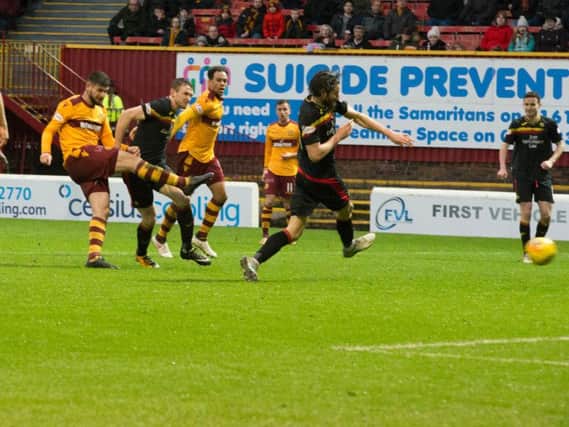 Nadir Ciftci hammers home his first goal for Motherwell in the 1-1 draw against Partick Thistle (Pic by Ian McFadyen)