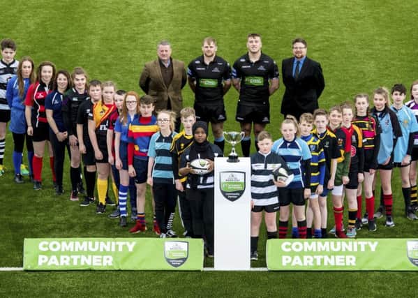 Glasgow Warriors duo Pat Macarthur and Matt Fagerson and participating pupils laumch this seasons championship. (pic by SNS Group / SRU Bill Murray)