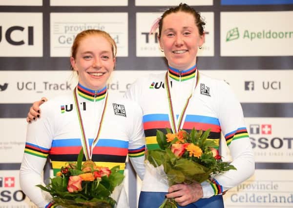 Katie Archibald (right) and Emily Nelson in their World Champions rainbow jerseys (pic courtesy of SWpix.com)
