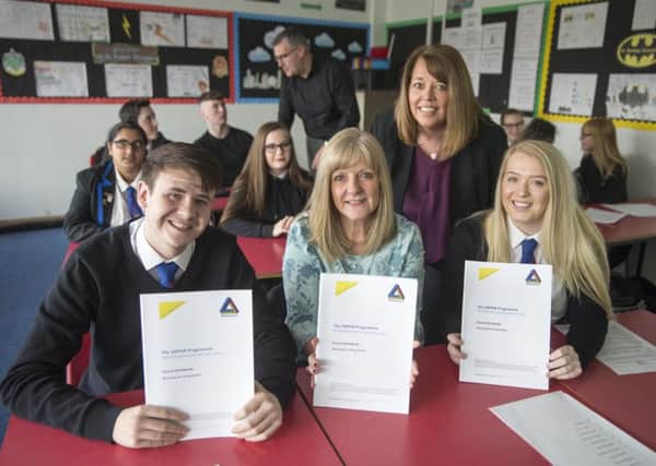 Helen Salt (SAPHiR) and Anne Clyde (UKSE) with Cardinal Newman High pupils Oliva Paterson and Barry Linden