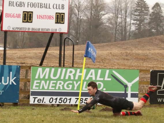 Rowan Stewart scores Biggar's first try in 26-0 home BT National League Div 2 victory over Howe of Fife (Pic by Nigel Pacey)
