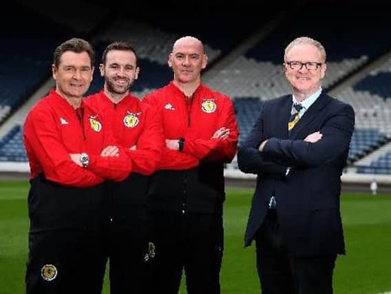Scotland manager Alex McLeish (right) with coaches Grant, McFadden and Woods (Pic by Andrew Milligan)