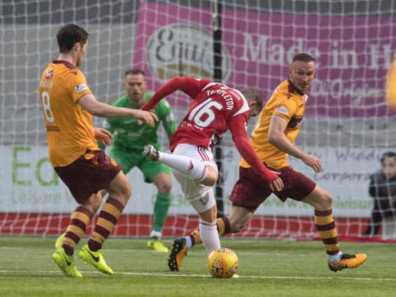 Accies' David Templeton is about to shoot home their clinching second goal on Saturday after a mistake by Motherwell skipper Carl McHugh (left) (Pic by Ian McFadyen)