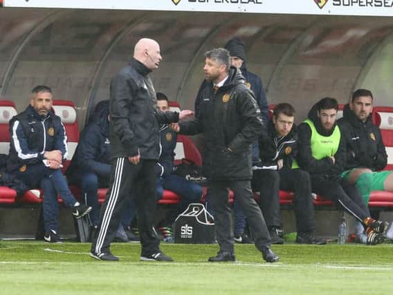 Motherwell gaffer Stephen Robinson has a word with fourth official Craig Charleston during Saturday's 2-0 defeat at Hamilton Accies (Pic by Ian McFadyen)