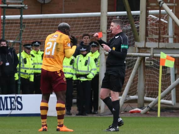 Motherwell's Cedric Kipre is controversially sent off by referee Craig Thomson (Pic by Ian McFadyen)