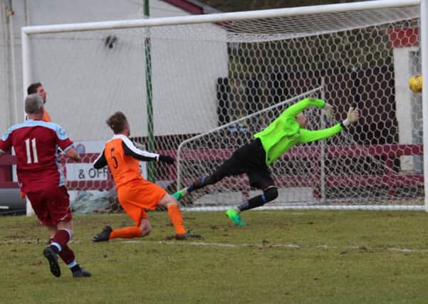 Robbie Winters fires home Cumbernauld's third goal against Kello (pic by Eoin Sinclair)