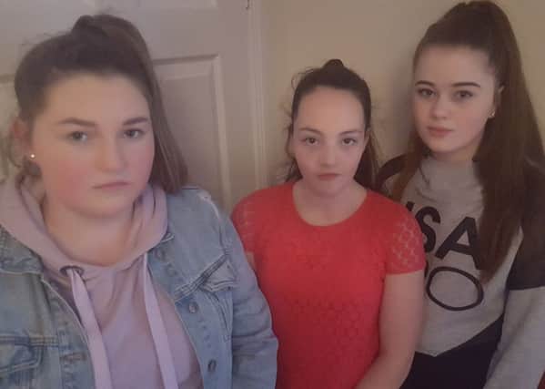 Bellshill teenagers (l-r) Erin Gallagher, Kyana Gardner and Kaci Cunningham who found the horses head in the burn