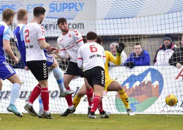 Russell McLean nets for Peterhead against Clyde (pic by Duncan Brown)