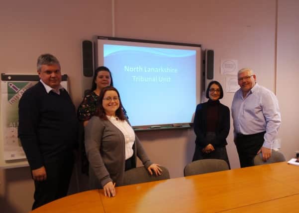 Launching the North Lanarkshire Tribunal Representation Unit are Bellshill CAB manager Steven Rees, welfare rights officer Rosemary McGowan, information and coordinating officer Klyar Campbell, Airdrie CAB manager Aaliya Seyal, and Cumbernauld and Kilsyth CAB manager Stewart Mahon