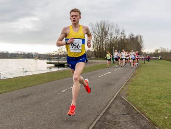 Luke Traynor is pictured on his way to blitzing the 10-mile Tom Scott Road Race record (Pic by Bobby Gavin)